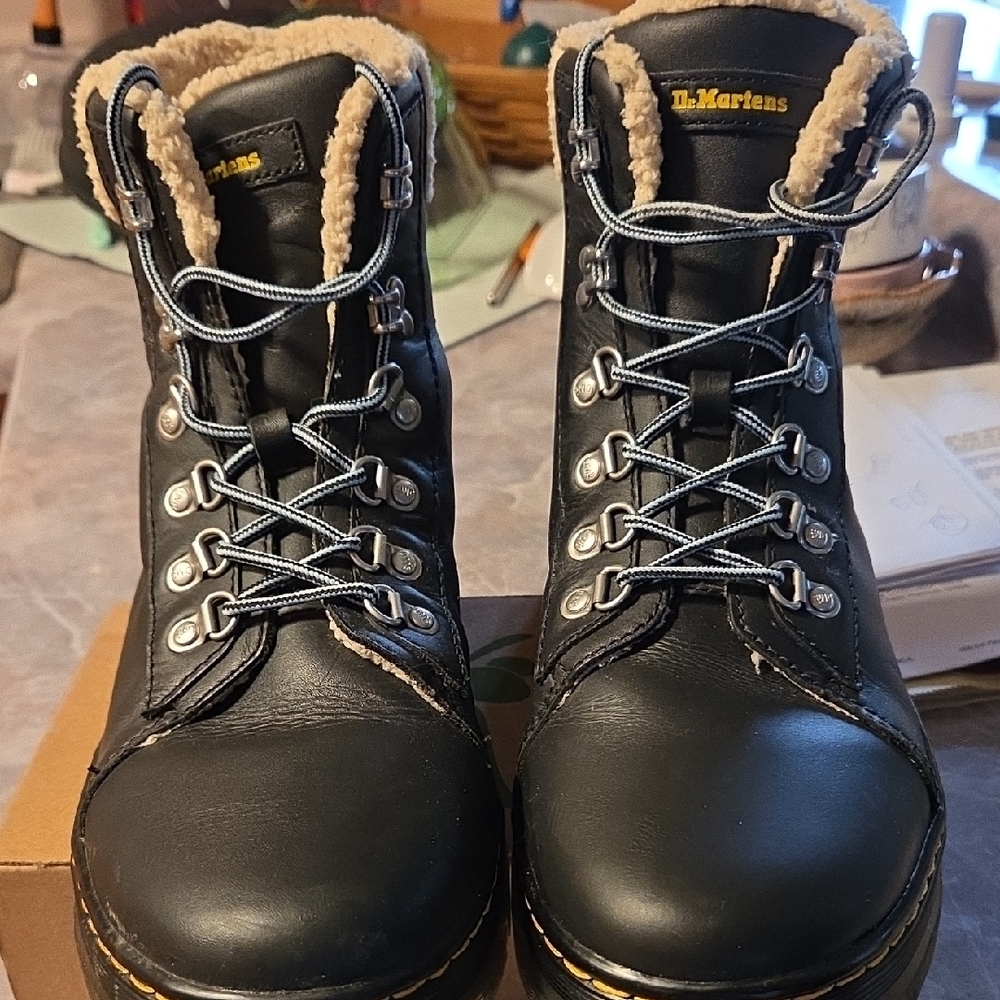 Dr. Martens Black Leather Lace-Up Shearling-Trim Boots